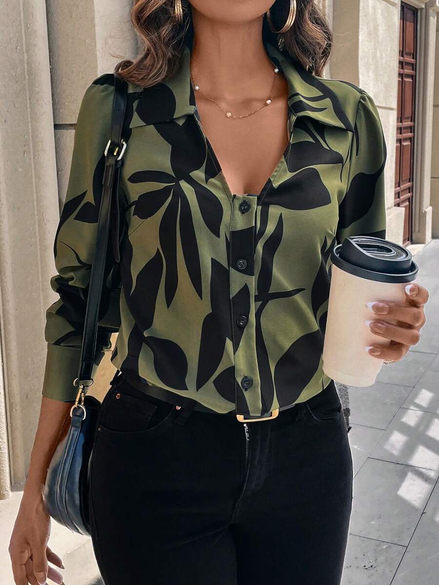 Printed Floral Shirt - Womens Floral Print Long Sleeve Casual