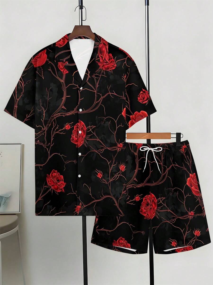 Printed Floral Shirt - Mens Cuban Collar Shirt And Shorts