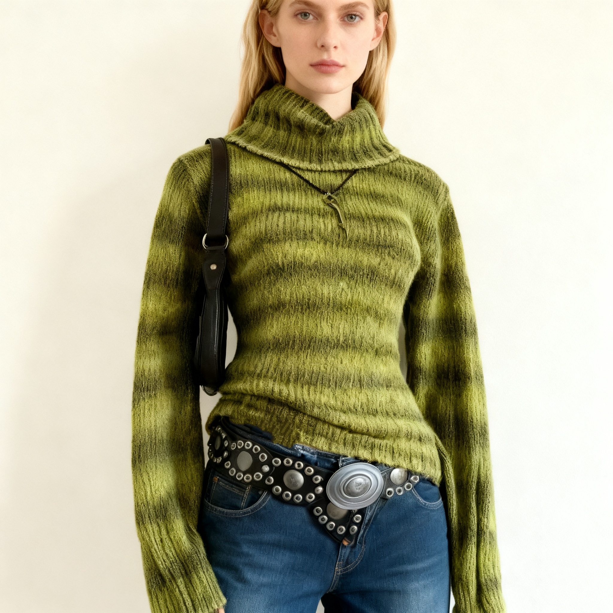 Vintage Fashion Retro Outfit - Retro Y2K Green Striped High Neck