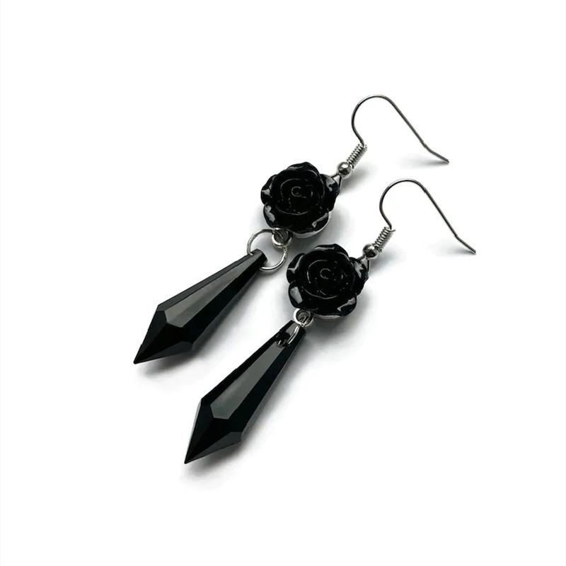 Vintage Victorian Fashion - New Goth Black Rose Earrings with