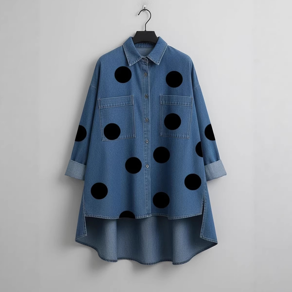 Printed Floral Shirt - Printed Faux Denim Shirt Stand Collar