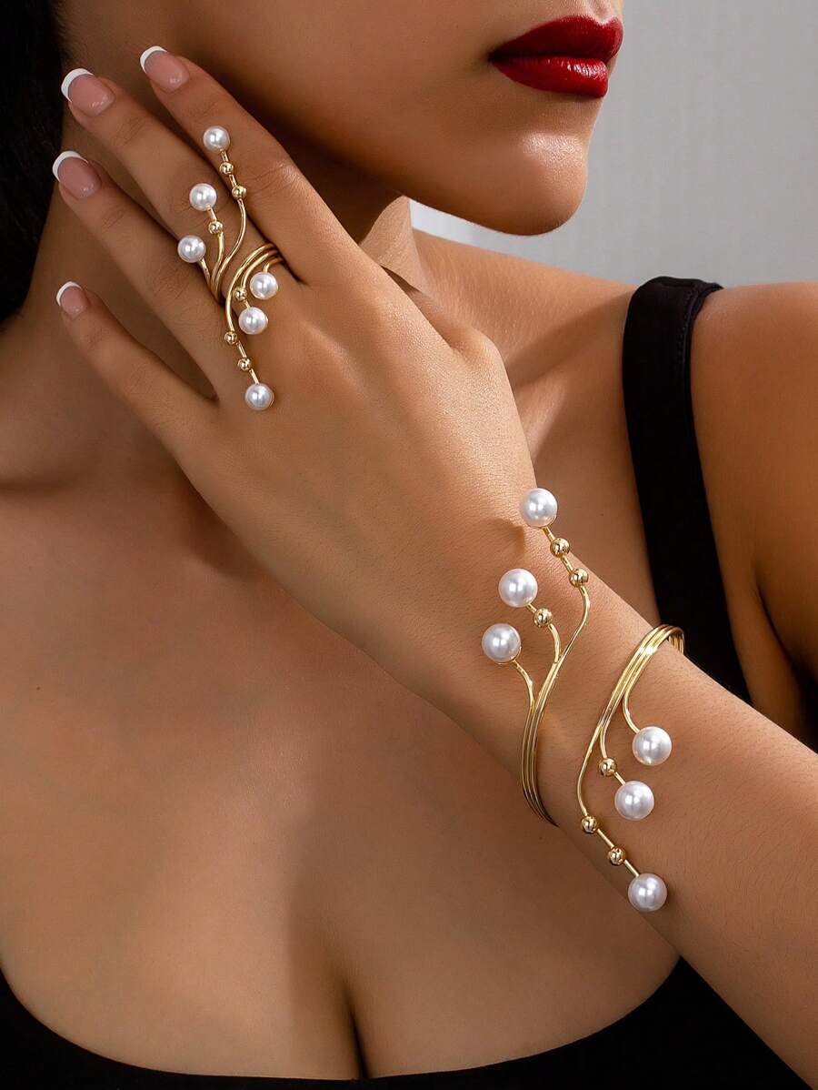 Geometric Line Pearl Bracelet  - Vintage Fashion Rings avaliação e preço