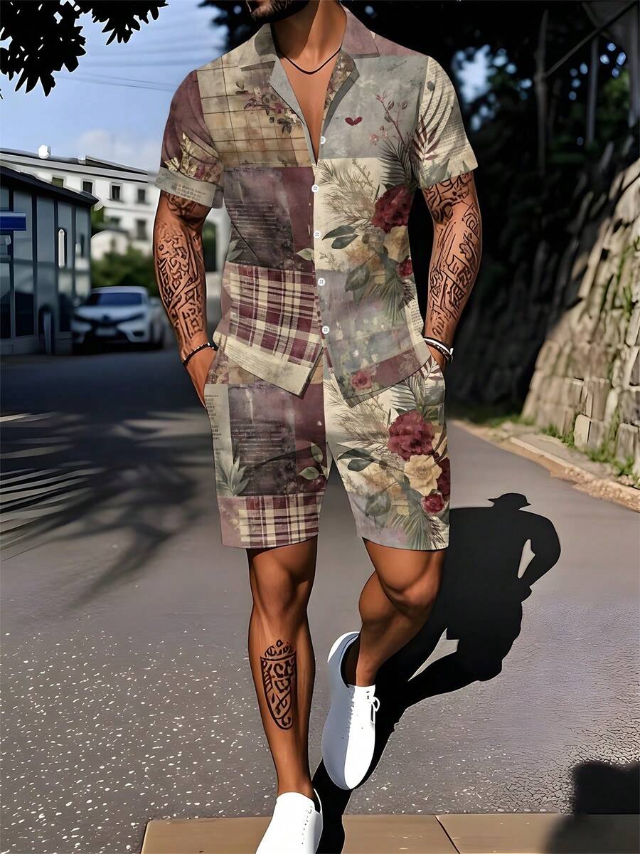 Mens Cuban Collar Shirt And Sh - Printed Floral Shirt avaliação e preço