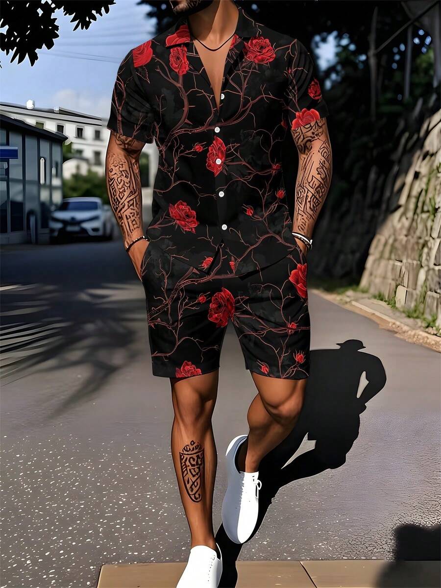 Mens Cuban Collar Shirt And Sh - Printed Floral Shirt avaliação e preço