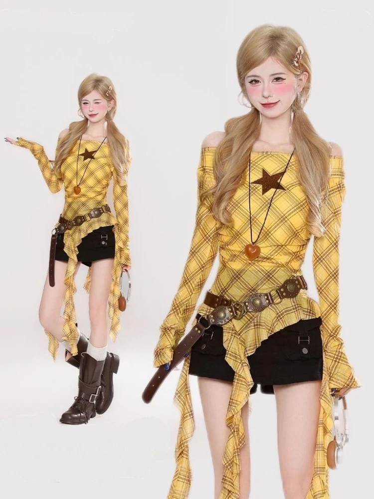 Y2K Plaid Slash Neck Vintage T - Vintage Fashion For Women avaliação e preço