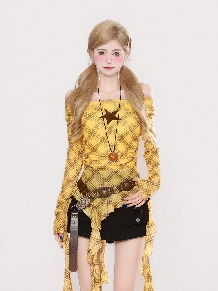 Y2K Plaid Slash Neck Vintage T - Vintage Fashion For Women avaliação e preço