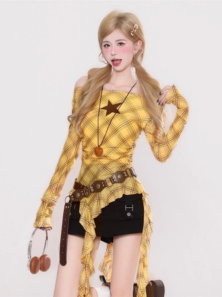 Y2K Plaid Slash Neck Vintage T - Vintage Fashion For Women avaliação e preço