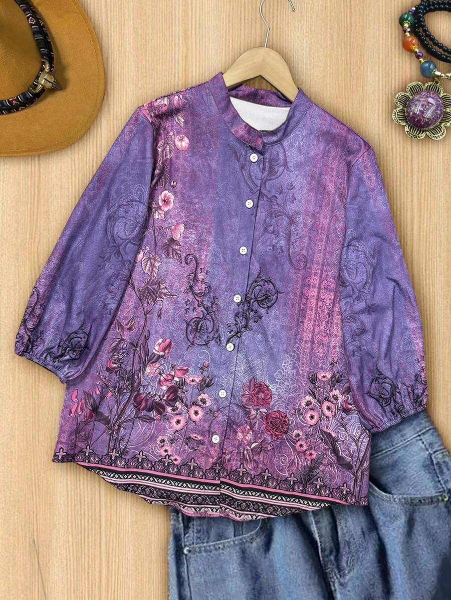 Women Vintage Floral Print Thr - Printed Floral Shirt avaliação e preço