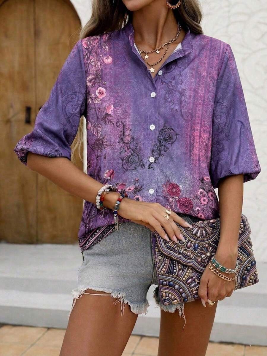 Women Vintage Floral Print Thr - Printed Floral Shirt avaliação e preço