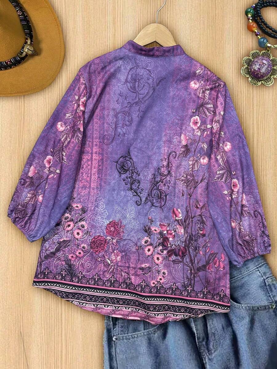 Women Vintage Floral Print Thr - Printed Floral Shirt avaliação e preço