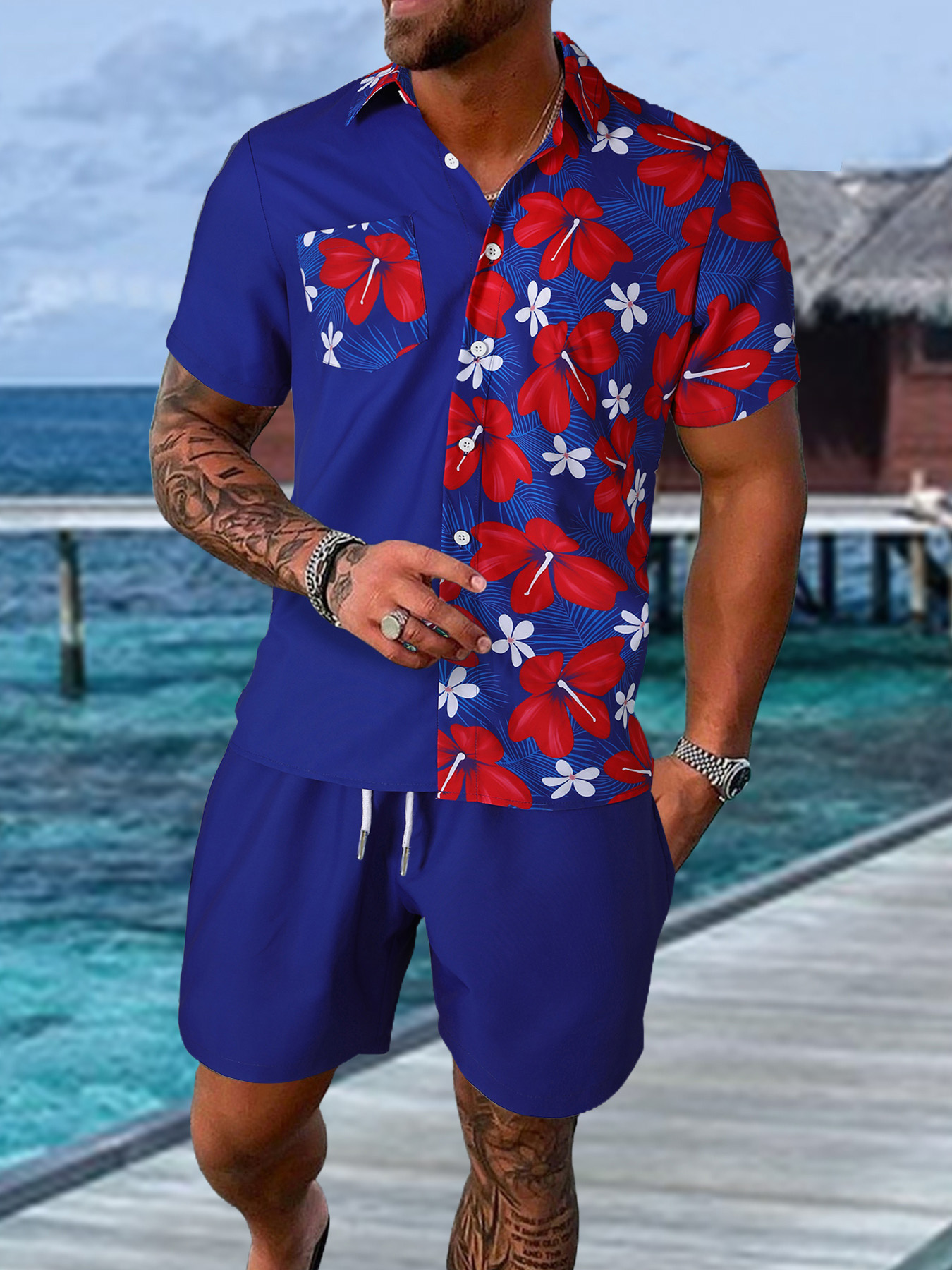 Men's Unique Patchwork Set, Bl - Printed Floral Shirt avaliação e preço